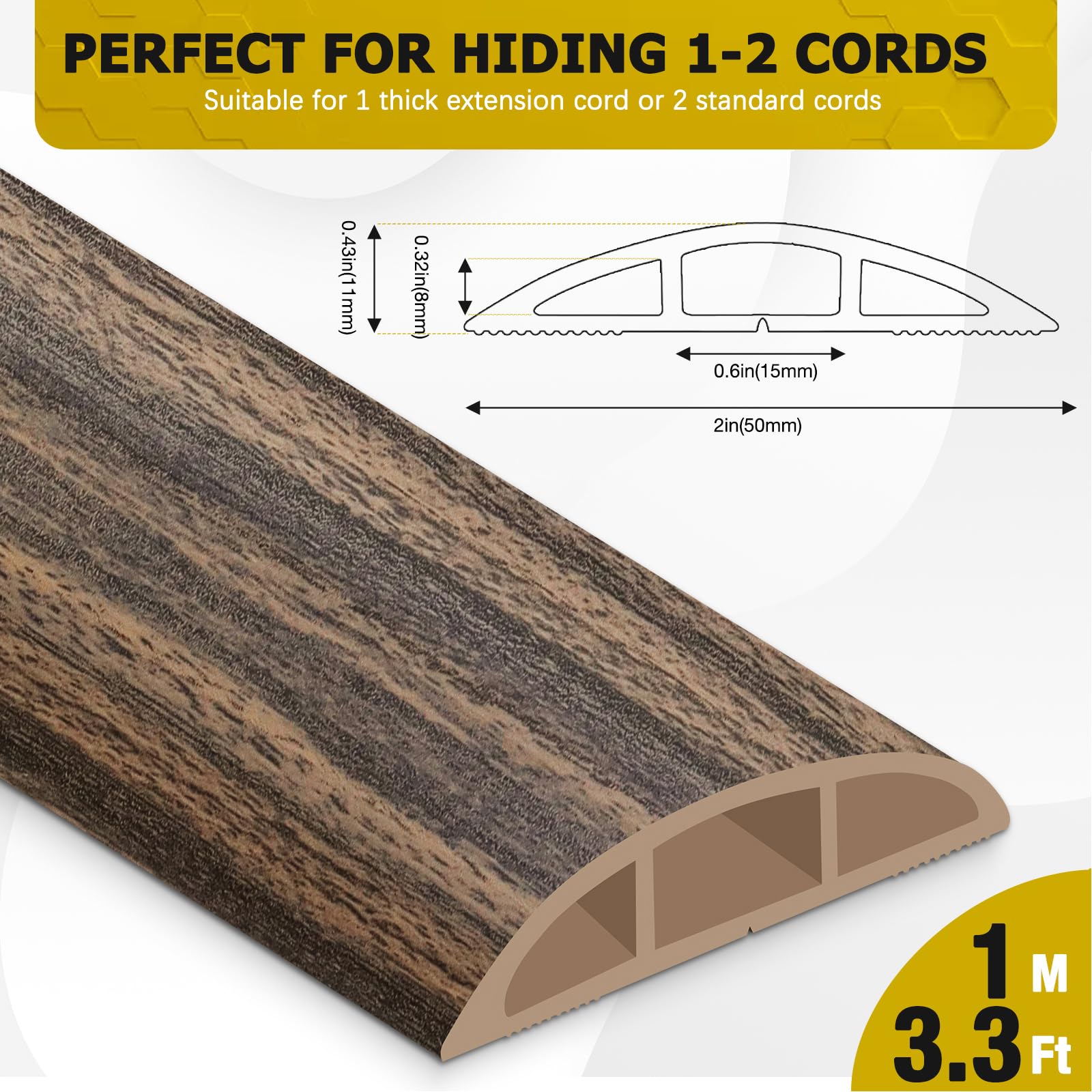 JAHOMFAI Floor Cord Cover 3.3FT Cord Covers for Wires on Floor Protect Wires & Prevent Trip Hazards, Easy to Cut for Home, Office, School, Concerts, Cavity W0.6in x H0.32in