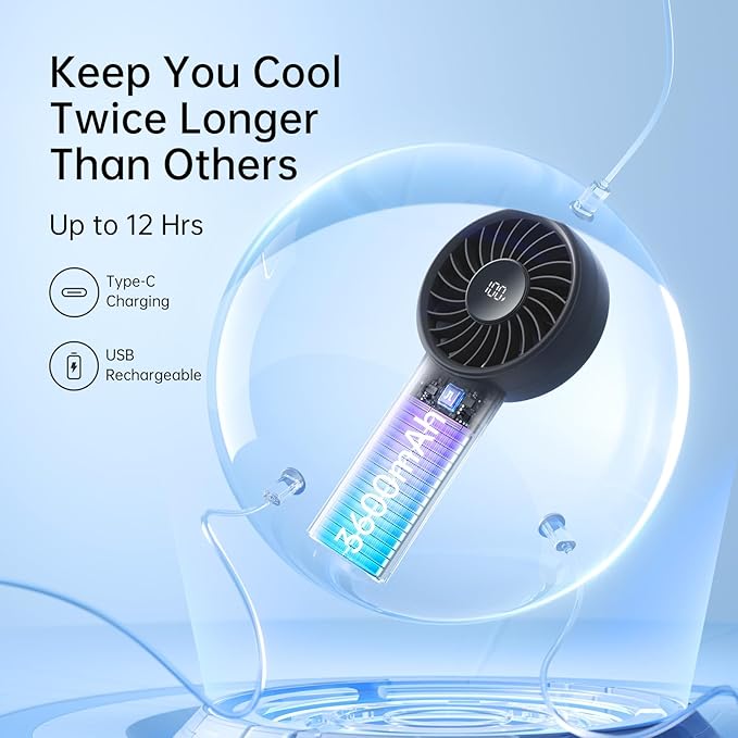 JISULIFE Handheld Portable Fan with Powerful Motor,LED Display,3600mAh Battery,5 Wind Speeds,Lanyard; Summer Essentials USB Rechargeable Hand held Fan for Travel,Beach,Makeup,Concerts-Black