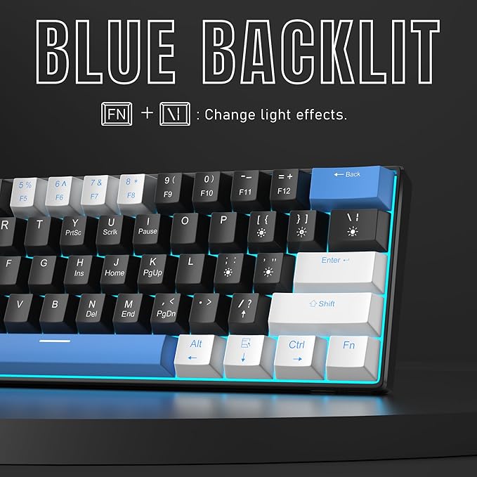 60% Mechanical Gaming Keyboard,White Black Blue Keycaps Gaming Keyboard with Linear Red Switch, Detachable Type-C Cable Mini Keyboard with Blue LED Light for Windows/Mac/PC/Laptop