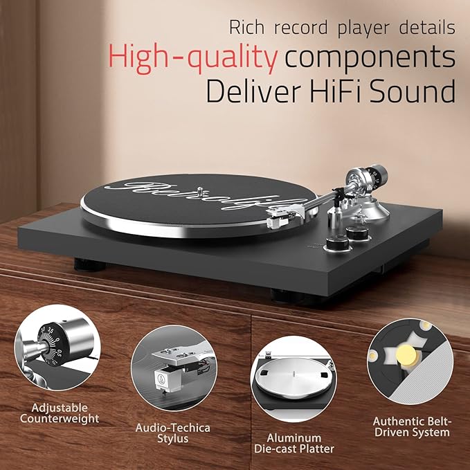 Turntables Record Player Wireless Output Connectivity Vinyl Player Belt-Drive Turn Tables Support 33&45 RPM Speed Phono Line Output USB Digital to PC Recording ATN3600L MM Cartridge Black