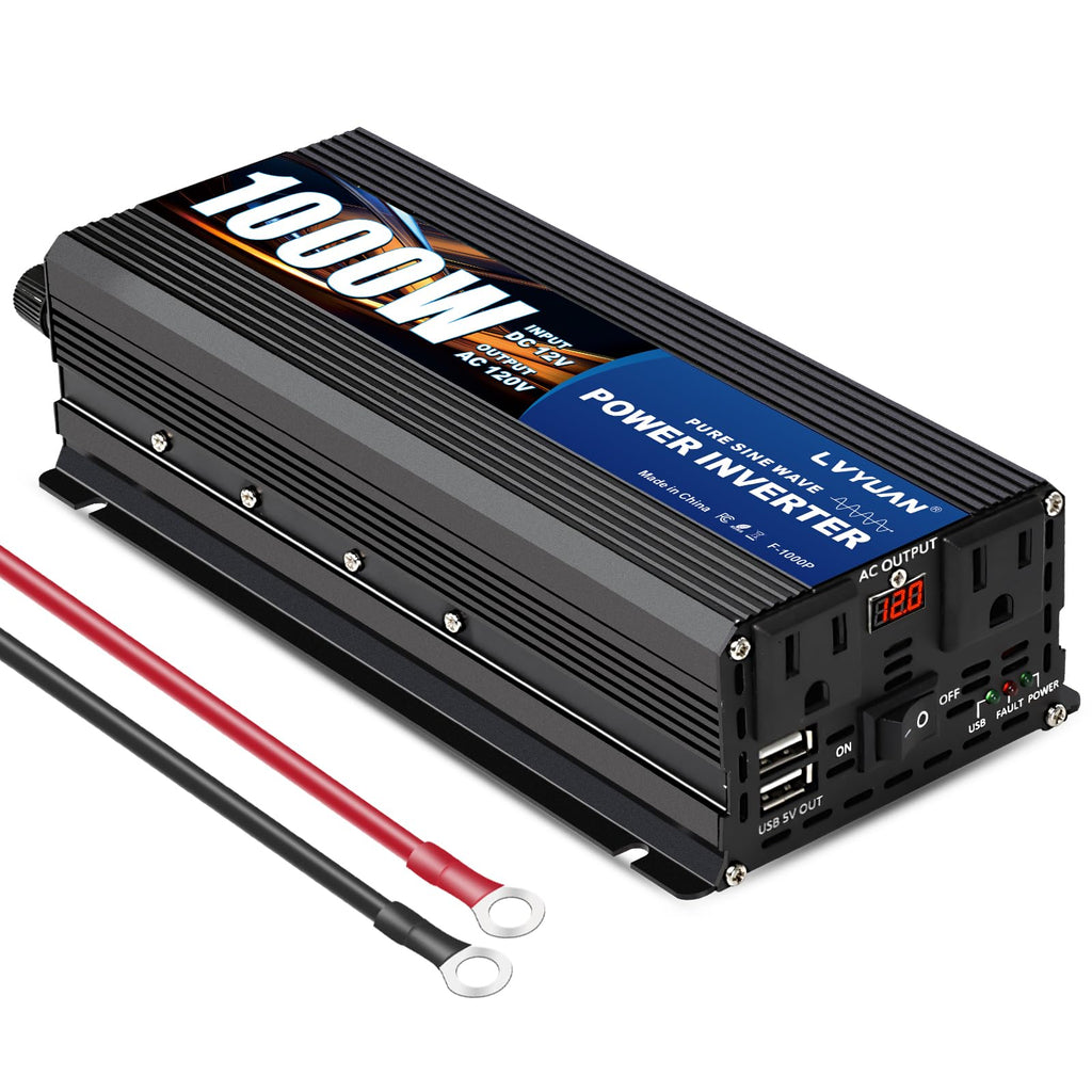 LVYUAN 1000W Pure Sine Wave Inverter 12V to 110-120V, Dual AC, USB, LED