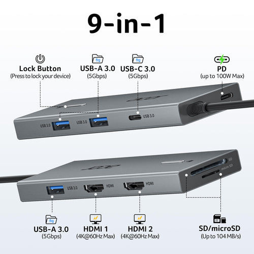 Acer USB-C Docking Station Dual Monitor, 9-in-1 Laptop Dock with 2 HDMI