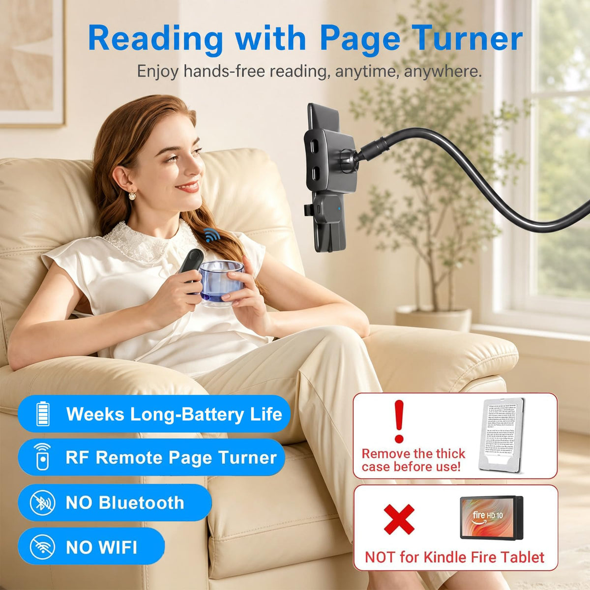 Kefotic Gooseneck Tablet Holder for Kindle Reading in Bed with Page Turner Remote, Hands Free Desk Bedside Lazy Arm Stand for Kindle Accessories, Gifts for Readers