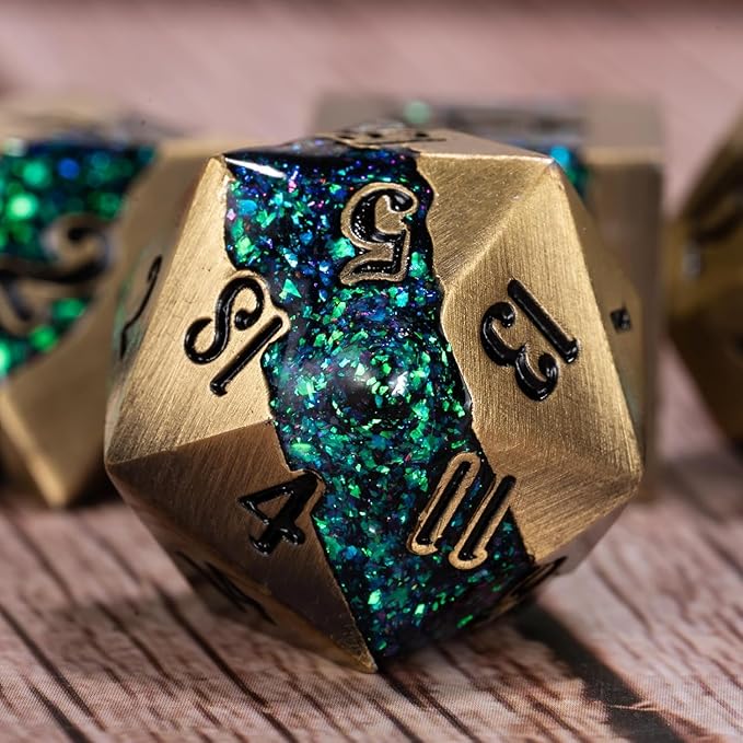 Metal RPG Dice Set,Mica Glitter Stripe Dice DND,Antique Bronze Dice 7pcs Set for Dungeons and Dragons