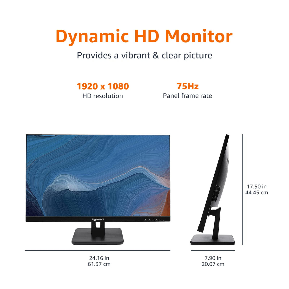Amazon Basics 27 in IPS Monitor, Full HD 1080P, 75 Hz, Adjustable Stand, HDMI, Display Port, VGA Input, Built-in Speakers, VESA Compatible, Black