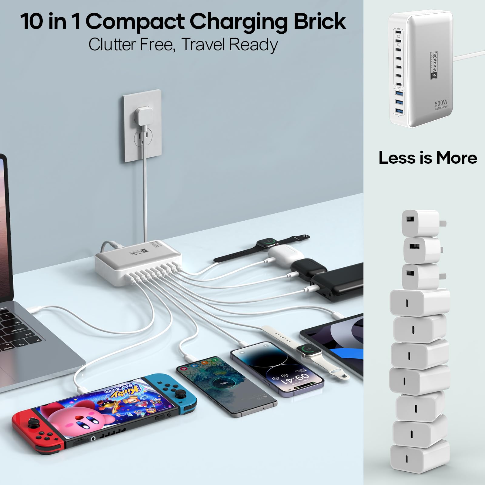 Charging Station for Multiple Devices 500W, 10 Ports Charging Blocks for Laptops/Tablets/Cellphones, 140W Max GaN Charger Super Fast Charging for MacBook, Ipad, iPhone, Power Adapter for Travel