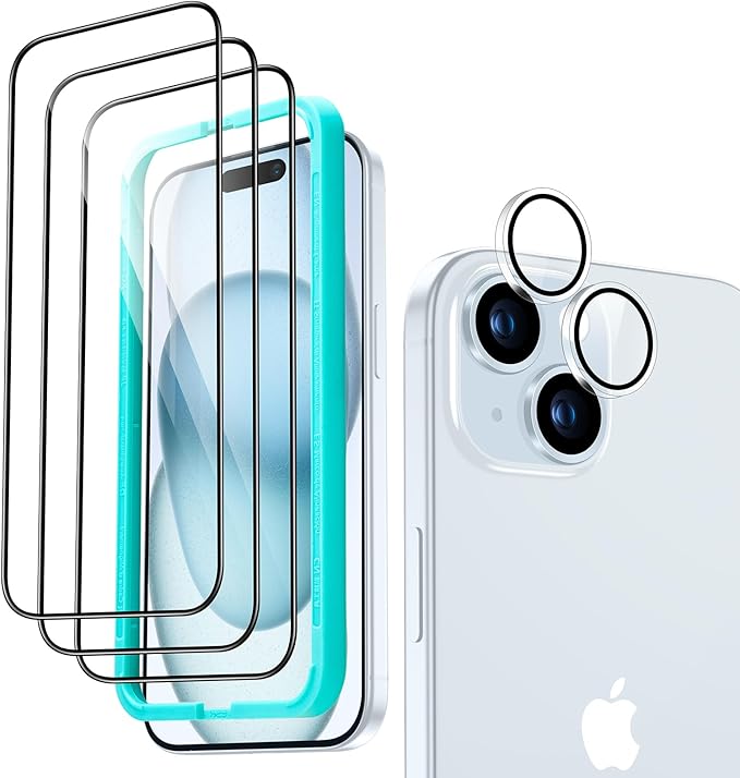 ESR 3+1 Pack for iPhone 15 Screen Protector, 3 Tempered-Glass Screen Protector and 1 Set Camera Lens Protector, 2.5D Curved Edges, Full-Coverage Military-Grade Protection, Scratch Resistant