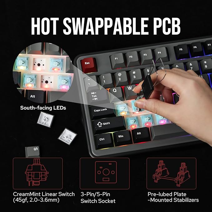 Vibe99 Wireless Gaming Keyboard with 1.06'' Screen, 96% Hot Swappable Creamy Mechanical Keyboard with Gasket Structure, BT5.0/2.4GHz/USB-C, 5-Layer Padding, RGB, NKRO for Win/Mac (Black)