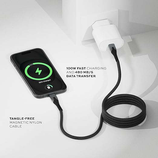 Statik MagStack Pro USB C to USB C Cable, Clutter-Free Magnetic Type C Charger Fast Charging Cord, Magnetic Charging Cable, Compatible with iPhone 16 Pro Max, 15, Galaxy S21, 100W 6FT/2M, 3-Pack