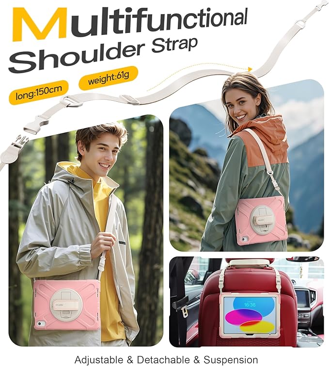 BRAECN for iPad (A16) 11th/10th Generation case 11/10.9 inch 2025/2022 Heavy Duty Shockproof Protective with Pencil Holder Screen Protector 360°Rotating Stand Handle & Shoulder Strap Full Body Cover