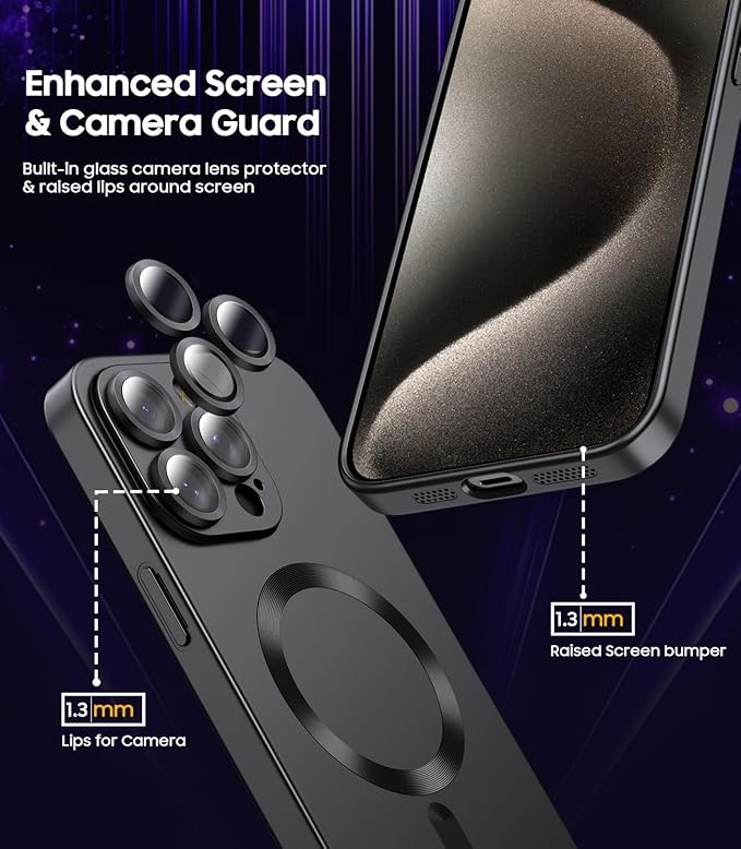 Magnetic for iPhone 15 Pro Max Case [Compatible with MagSafe][Built-in Camera Lens Protector] Slim Soft Silicone Bumper Shockproof Metallic Luster Phone Case (Black)