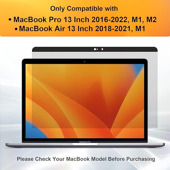 Privacy Screen MacBook Pro 13 Inch(2016-2022, M1, M2) & MacBook Air 13" (2018-2021, M1), Magnetic Anti Glare Blue Light Filter with Camera Cover, Anti Spy Laptop Screen Protector for Mac 13 In