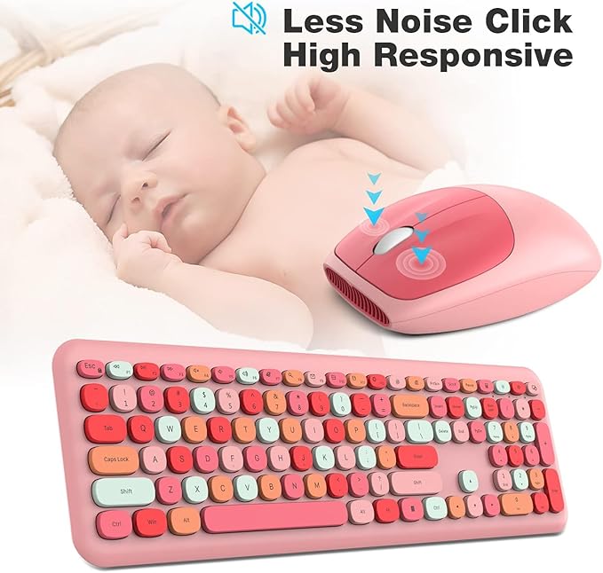 KNOWSQT Wireless Keyboard and Mouse Combo, Pale Pink Full-Sized 2.4G Silent Keycap Colorful Keyboards, USB Dongle Plug Play, for Laptop, Windows, PC, Computer, Desktop