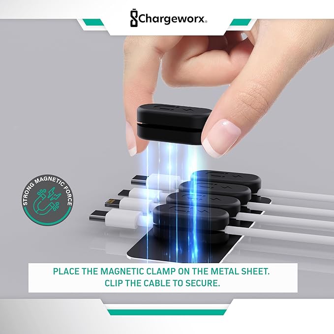 Chargeworx Magnetic Cable Holder for Cable Management – Multipurpose Desktop Cable Management System, 20-PK, Great for USB-C, Lightning, Micro-USB & Other Cables – Sticks to Any Surface (20-PK Black)