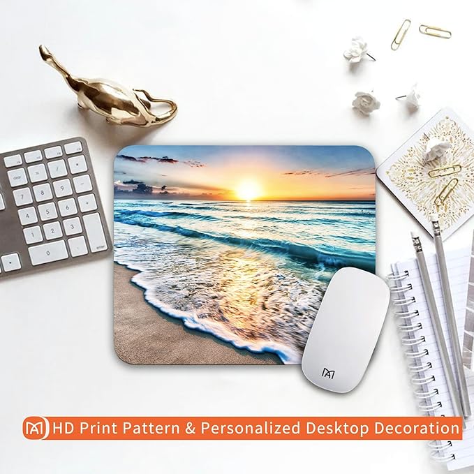 Square Mouse Pad Beach Sunset, Personalized Premium-Textured Custom Mouse Mat Design, Washable Mousepad Cloth, Non-Slip Rubber Base Computer Mouse Pads for Wireless Mouse