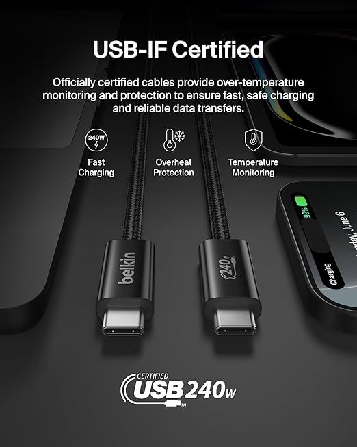 Belkin USB C to USB C Cable 2-Pack, 6.6ft, 240W - Type C Charger, iPhone Charger Cord, Soft, Braided, Flexible for iPhone 17, Galaxy S25, Pixel 10, MacBook, Chromebook, iPad Pro, Switch – Black