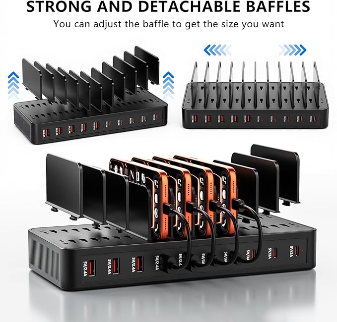 USB C Charging Station for Multiple Devices, 10-Port 100W Charging Dock, with Adjustable Dividers, USB-C Power Hub, Compatible with iPhone/Samsung/Google/Tablets/USB Devices (with 10 Cables)