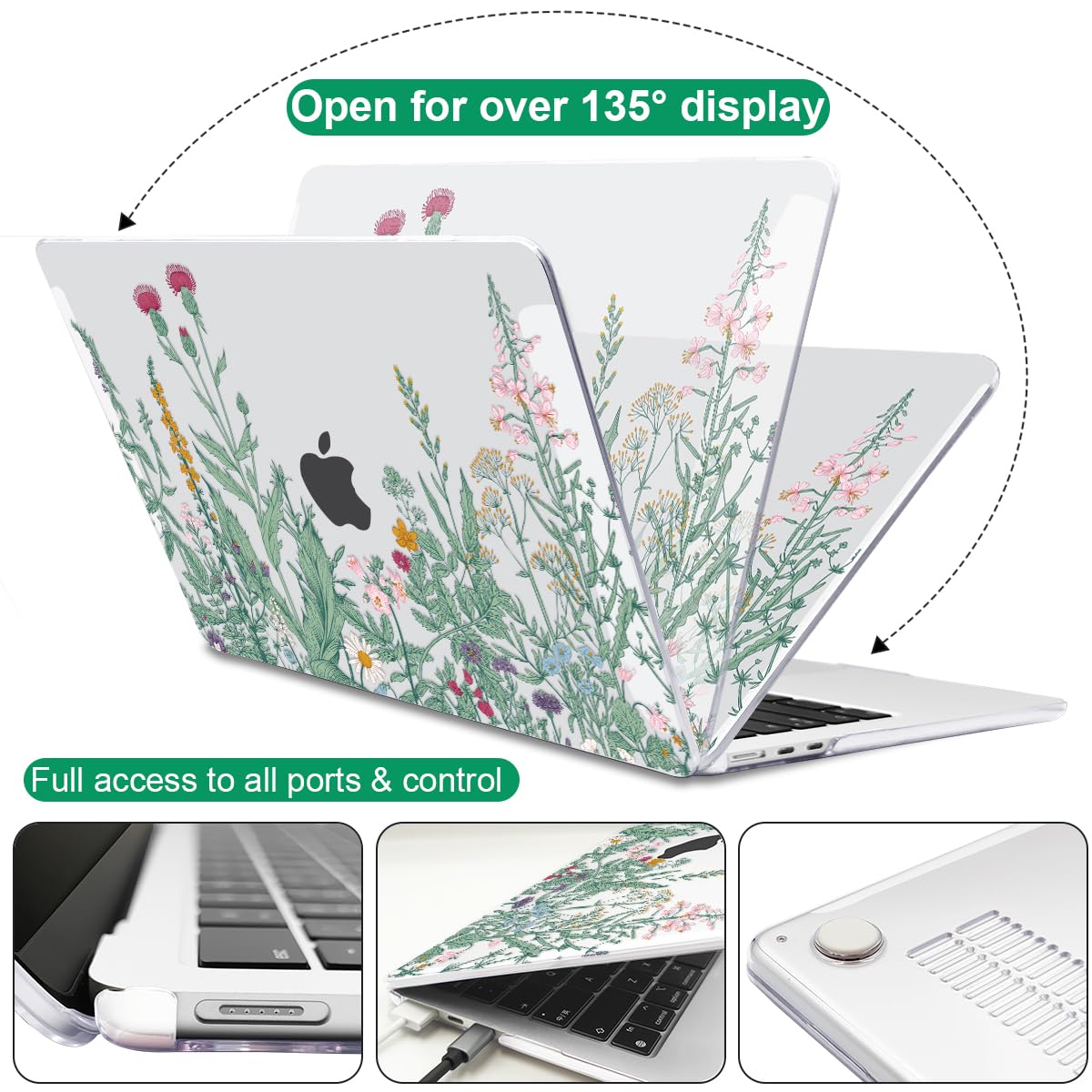 LCMOCICO for MacBook Air 13 Inch Case 2026 2025 2024 2023 2022 Release M5 A3449 M4 A3240 M3 A3113 M2 A2681, Scratch Resistant Plastic Hard Shell Case for MacBook Air 13.6 M5, Green Plants Flowers