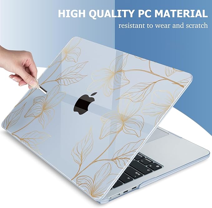 Mektron for 2025 MacBook Air 15 inch M4 Case A3241/ 2024 M3 A3114/ 2023 A2941 M2 Hard Printed Case with 15.3 Liquid Retina Display Touch ID, Plastic Hard Cover & Keyboard Skin- Gold Flower S718-Blue
