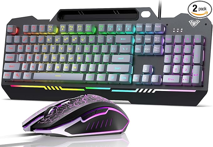 AULA T102 104 Keys Gaming Keyboard and Mouse Combo with RGB Backlit, All-Metal Panel Waterproof Light Up Quiet Computer Keyboard, USB Wired for MAC Xbox PC Gamers