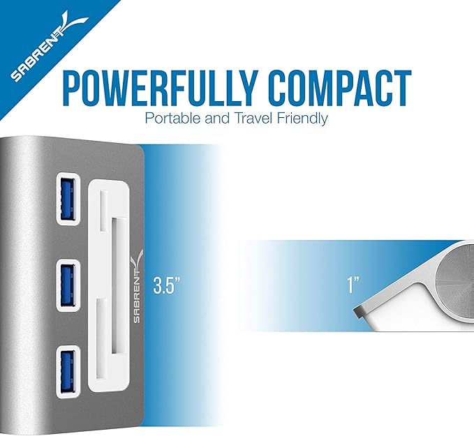 SABRENT Premium 3 Port Aluminum USB 3.0 Hub with Multi in 1 Card Reader (12" Cable) for iMac, All MacBooks, Mac Mini, or Any PC (HB-MACR)