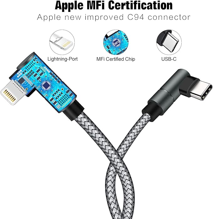 USB C to Lightning Cable MFi Certified PD Fast iPhone 12 Charging 6ft Cable 90 Degree Type C Charger Cord Compatible with iPhone 13/12/12 ProMax/12Mini/11 Pro Max/X/XS/XR/8, iPad 8th (Grey) …