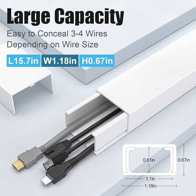 Yecaye Large Cord Hider for 3-4 Wires, Paintable Cord Cover Wall Cable Management System, PVC Wire Hide, Cable Raceway Kit for Wall Mount TV, W1.18in H0.67in, White