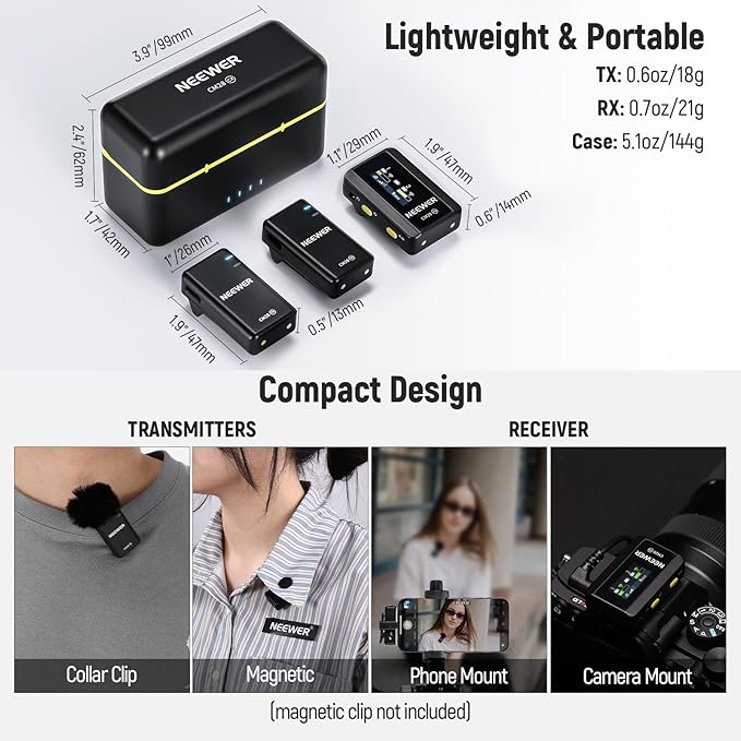 NEEWER CM28 Wireless Lavalier Microphone System with Charging Case Noise Canceling 4GB Storage 9Hrs Recording 48KHz 16 Bit Uncompressed Audio Lapel Mic Compatible with iPhone iPad Android PC Camera