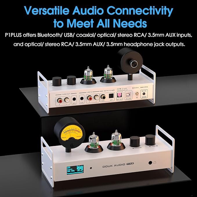 Douk Audio Tube Preamp DAC: Bluetooth 5.1 LDAC Headphone Amp w/VU Meter USB Coax Optical Input for Amplifiers, Home HiFi Systems (P1 Plus)