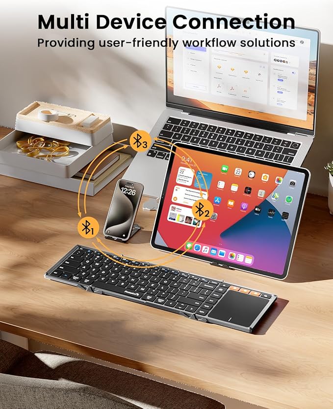 ProtoArc Foldable Keyboard with Touchpad, XK01 TP Folding Portable Keyboard, Full Size Keys, Large Trackpad Bluetooth Travel Keyboards for Laptop PC Tablet - Black Gray