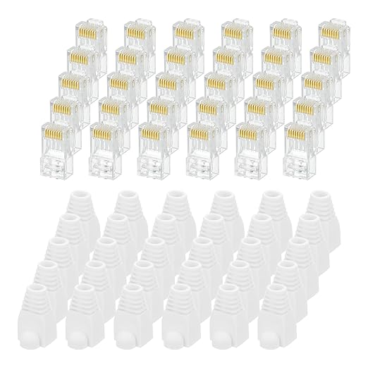 MECCANIXITY 60pcs Cat6 RJ45 Pass Through Connectors, RJ45 Connector 8P8C Gold Plated Plugs with 60pcs White Strain Relief Boots for Solid or Stranded UTP Ethernet Cable, 1.1mm