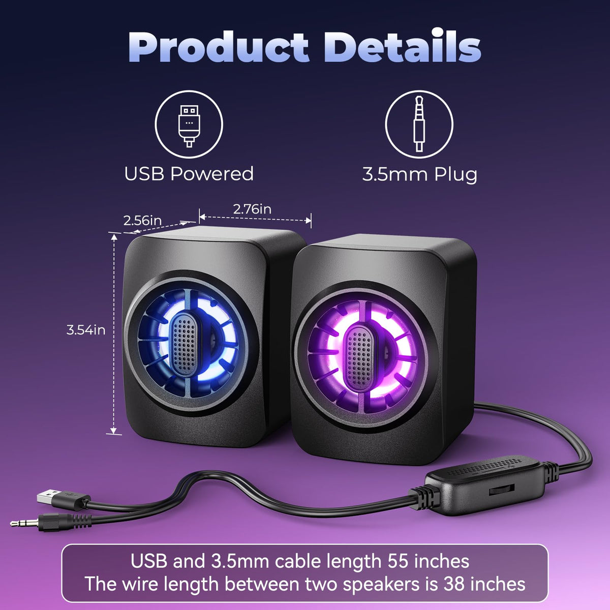OFFSIR Computer Speakers,RGB PC Speakers, USB Powered 3.5mm Aux Speaker for Desktop, PC, Laptop, Tablet - Small Computer Speakers | Clear Sound & 7-Color Dynamic Lighting