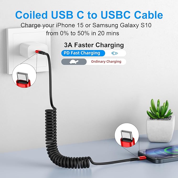 USB C Cable 3ft 2Pack USB C to USB C Charger Cable for Car, Coiled Type C Fast Charging Cable for iPhone 16/15/Plus/Pro/Pro Max/MacBook Pro 2020/iPad Pro 2020/iPad Air 4/Samsung Galaxy S23-Red