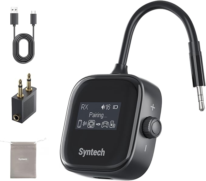 Syntech Airplane Bluetooth 5.4 Transmitter Receiver for 2 AirPods or Wireless Headphones, HD Display Low Latency 3.5mm AUX Jack Bluetooth Audio Adapter for Flying, TV, Car, Gym, Home Stereo