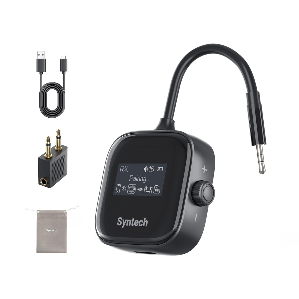 Syntech Airplane Bluetooth Transmitter Receiver 5.4 Adapter for 2 AirPods or Wireless Headphones, HD Display Low Latency 3.5mm AUX Jack Bluetooth Audio Adapter for Flying, TV, Car, Gym, Home Stereo