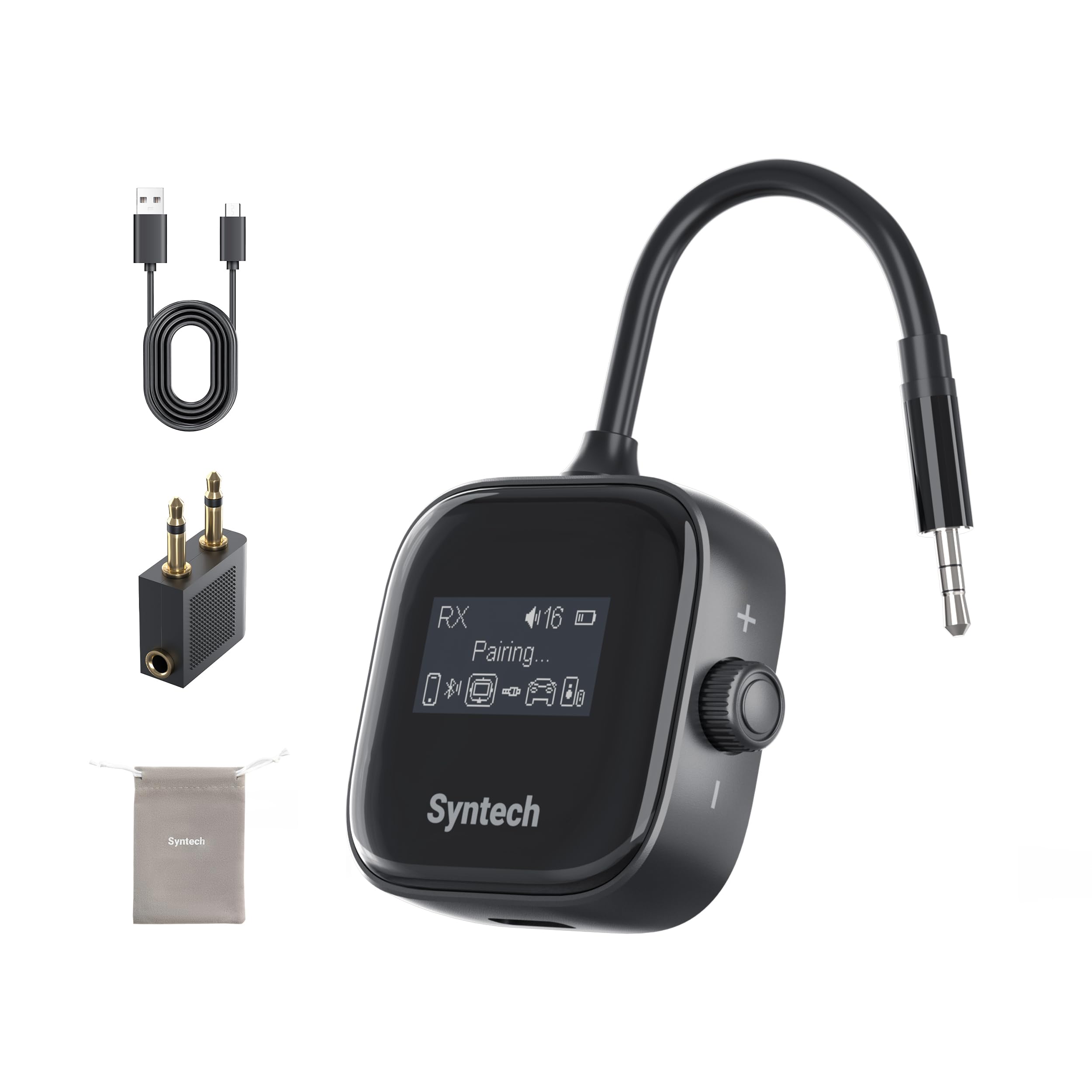 Syntech Airplane Bluetooth Transmitter Receiver 5.4 Adapter for 2 AirPods or Wireless Headphones, HD Display Low Latency 3.5mm AUX Jack Bluetooth Audio Adapter for Flying, TV, Car, Gym, Home Stereo