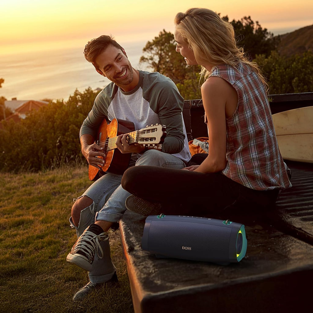 DOSS Extreme Boom Pro D100, 70W Bluetooth Speaker with Deep Bass, IPX6 Waterproof, 10400mAh 24H Battery, Built-in Power Bank, TWS Stereo Pairing & Beat-Sync Lights for Outdoor Camping Party – Black