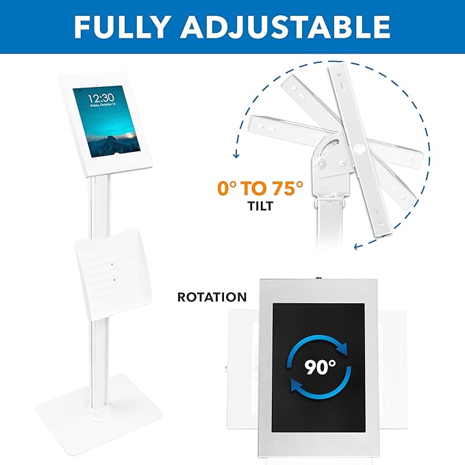 Mount-It! Anti-Theft Floor Stand Compatible with iPad, Contact-Less Kiosk with Universal Enclosure for iPads, Adjustable Locking Secure Tablet Mount for iPad Gen 7 to 10, Pro, Air, White