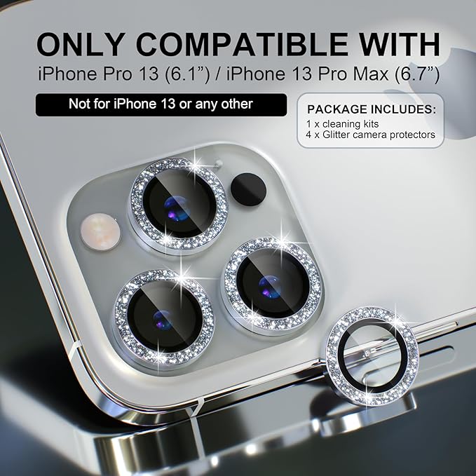 Choiche [3+1 for iPhone 13 Pro/iPhone 13 Pro Max Camera Lens Protector Bling, 9H Tempered Glass Camera Cover Screen Protector Metal Ring Decoration Accessories (Glitter-Silver)