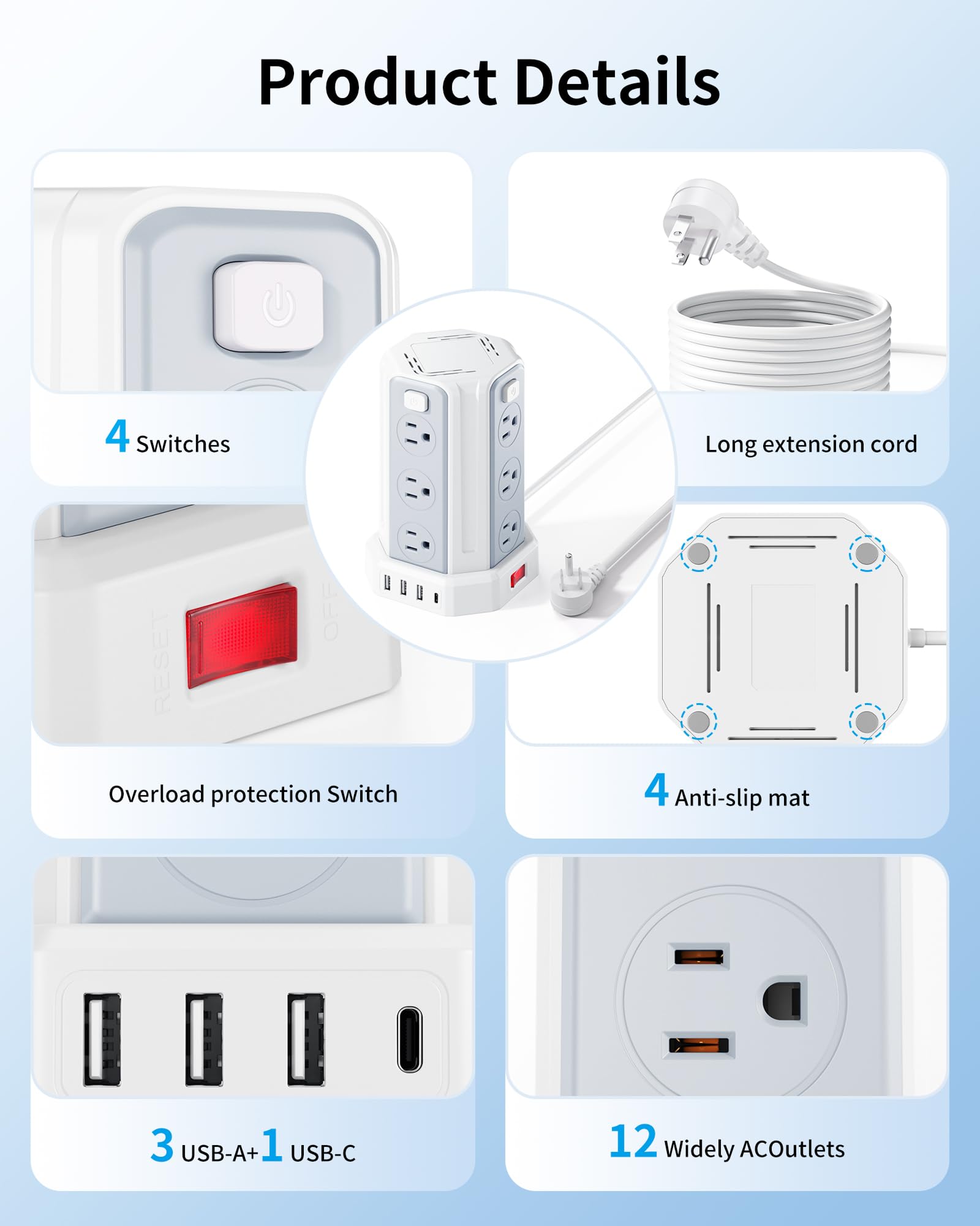 Power Strip 6.5 Ft Extension Cord with 12 AC Multiple Outlets 4 USB (1 USB C), SMALLRT Power Strip Tower Desktop Charging Station for Home Office College Dorm Essentials