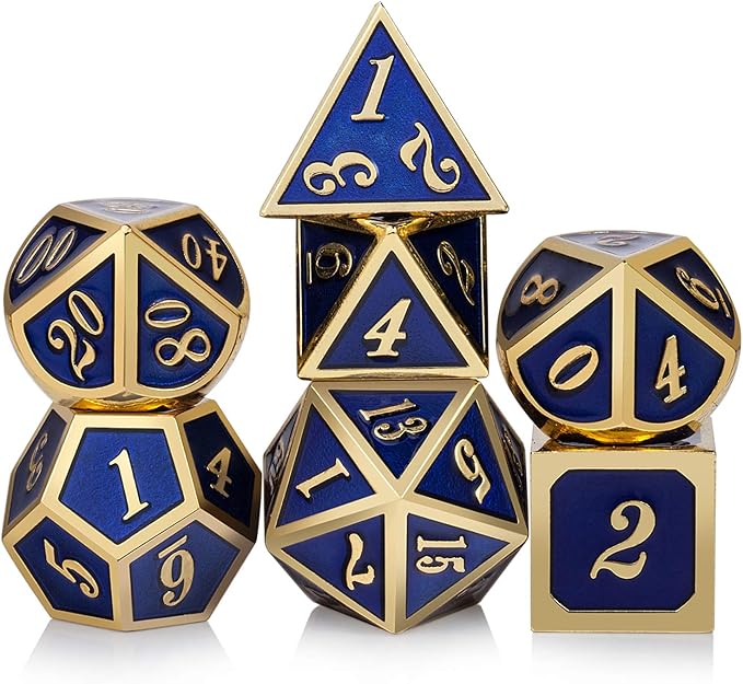 DnDnD Heavy Polyhedral Metal Dice Set with Metal Box, 7-die Shiny Blue Surface with Golden Number for RPG,Dungeons and Dragons,Pathfinder,Shadowrun,D&D,Role Palying Game and Math Teaching