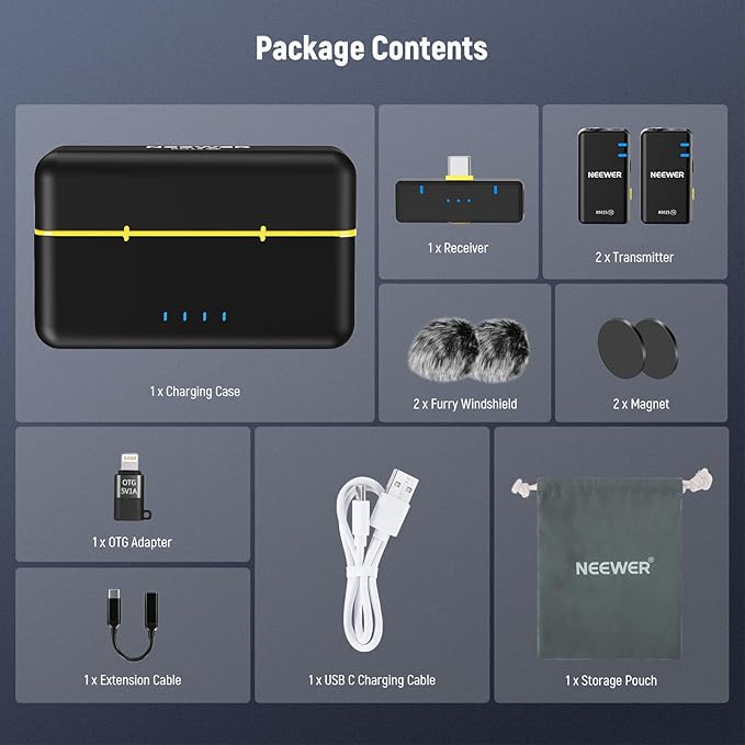NEEWER KM15 Wireless Lavalier Microphone System Compatible with iPhone Android Phone PC Computer, Mini USB C Noise Cancelling Lapel Mic, 300m Range 48KHz/24Bit 9H Battery for Video Recording Streaming