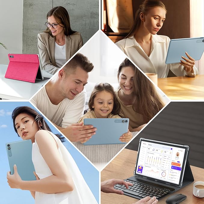 Android Tablet with Keyboard,10 inch Android 15 tablet, 24GB RAM 128GB ROM, 1TB Expand, Octa-Core, Widevine L1, 2.4G/5G WiFi, 8000mAh, Bluetooth, GMS, 2 in 1 Tablet with Case, Mouse, Stylus（Pink)
