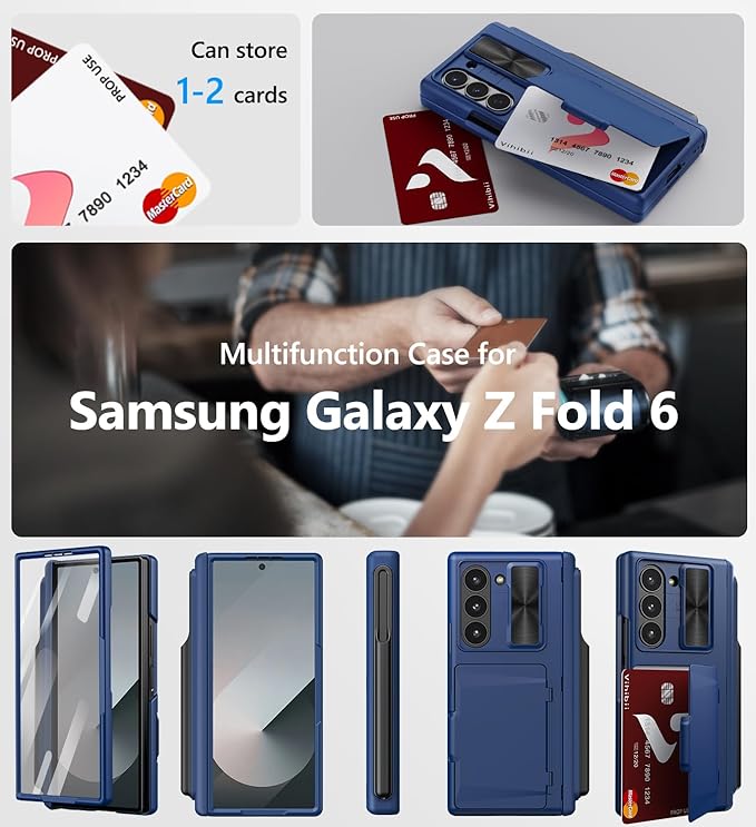 Vihibii for Samsung Galaxy Z Fold 6 Case Wallet with S Pen Holder & Card Holder & Slide Lens Cover & Screen Protector & Hinge Protection, Durable Rugged Protective Phone Case for Galaxy Z Fold6, Blue