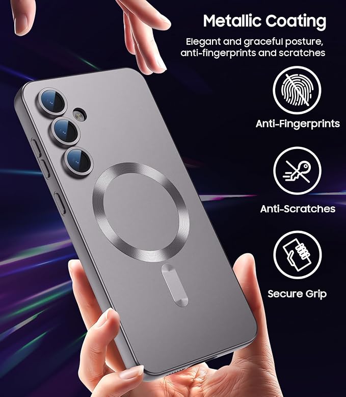 Magnetic for Samsung Galaxy S24 Case [Compatible with MagSafe][Built-in Camera Lens Protector] Slim Soft Silicone Bumper Shockproof Metallic Luster Phone Case (Gray)