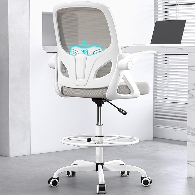 Tall Drafting Chair with Footrest Ring for Home and Work, Ergonomic Home Desk Office Chair with Flip up Arms and Lumbar Support, Extended Height Executive Desk Office Chair(Gray)