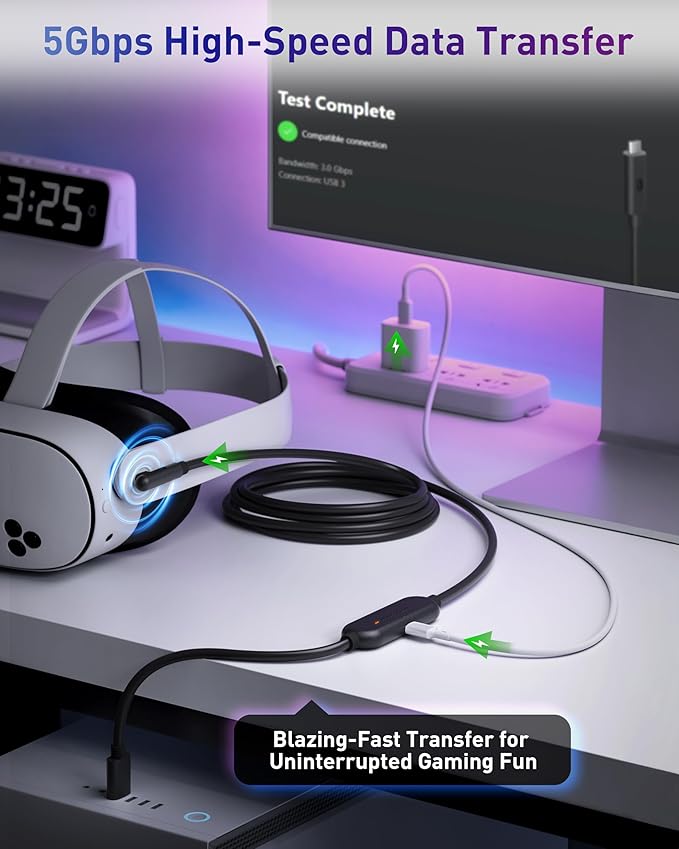 Maxonar VR Charging Link Cable 20FT (Next-Gen Chip) Compatible with Meta Quest 3S/Quest 3/Oculus Quest 2/Pico 4 Accessories and PC/SteamVR, Awesome Gift-5Gbps USB 3.0 to USB C Cable-Black