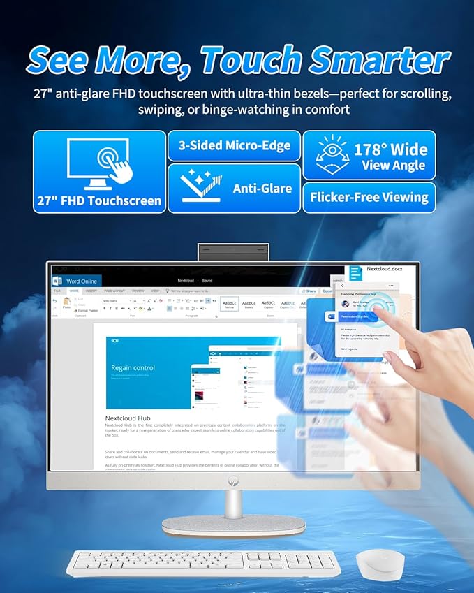 HP 27" All-in-One Desktop Computer - FHD Touchscreen | Intel Ultra 7‑155U | AI‑Enhanced Display, Facial Login | Privacy Pop‑Up Camera | Win 11 Pro, w/Accessories | 32GB DDR5 + 1TB SSD