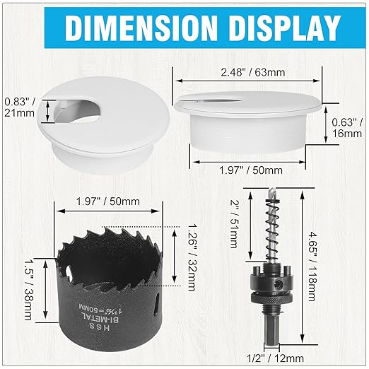 2" White Desk Grommet with Bi-Metal Hole Saw, JTemgle Plastic Cable Hole Cover Computer Table Cord Wire Organizer Caps, Desktop Cord Management for Home Office TV Stands Tabletops, 13 Pieces