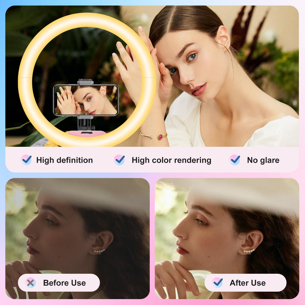 Aureday 14'' Pink Selfie Ring Light with 62'' Tripod Stand and Phone Holder, Dimmable LED Phone Ringlight for Makeup/Video Recording/Photography, Circle Lighting for Cell Phones&Lightweight Cameras